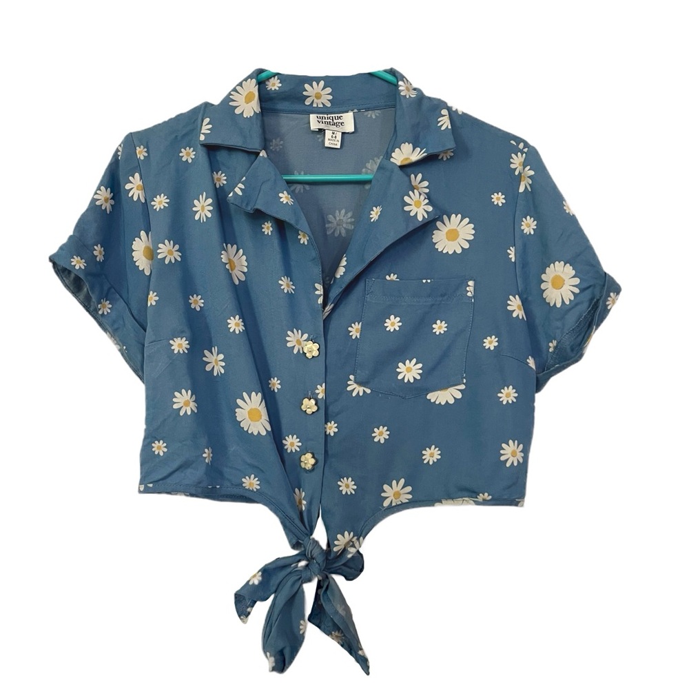Unique Vintage Blue Daisy Button Down Tied Crop